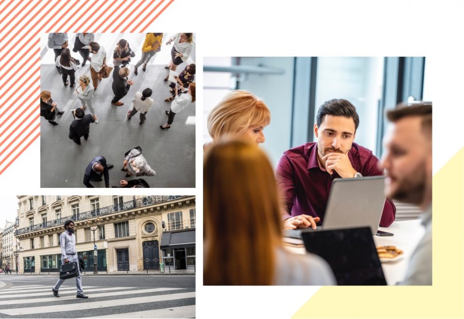 Trois photos avec, un groupe de personne, un homme qui marche dans la rue et un homme et une femme devant un ordinateur